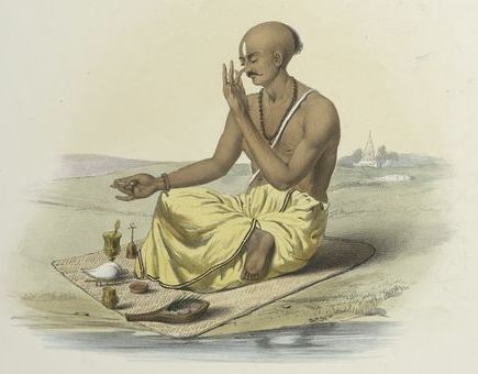 Brahmin practising Recaka in Pranayama (4th limb of Patanjali)
skt.: रेचक (recaka); Entleeren (meditative Atemtechnik)
skt.: प्राणायाम (prāṇāyāma); Zusammenführen von Körper und Geist Brahmin practising Recaka in Pranayama