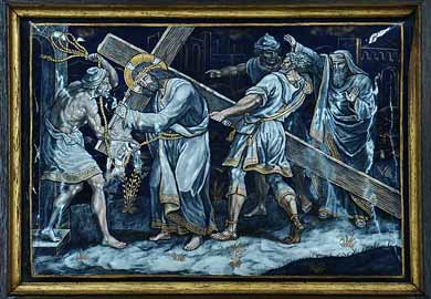 Via Crucis, 5. Station: Simon von Cyrene hilft Jesus das Kreuz tragen (Stations du chemin de croix, Église Notre-Dame-des-Champs, Avranches, Normandie)